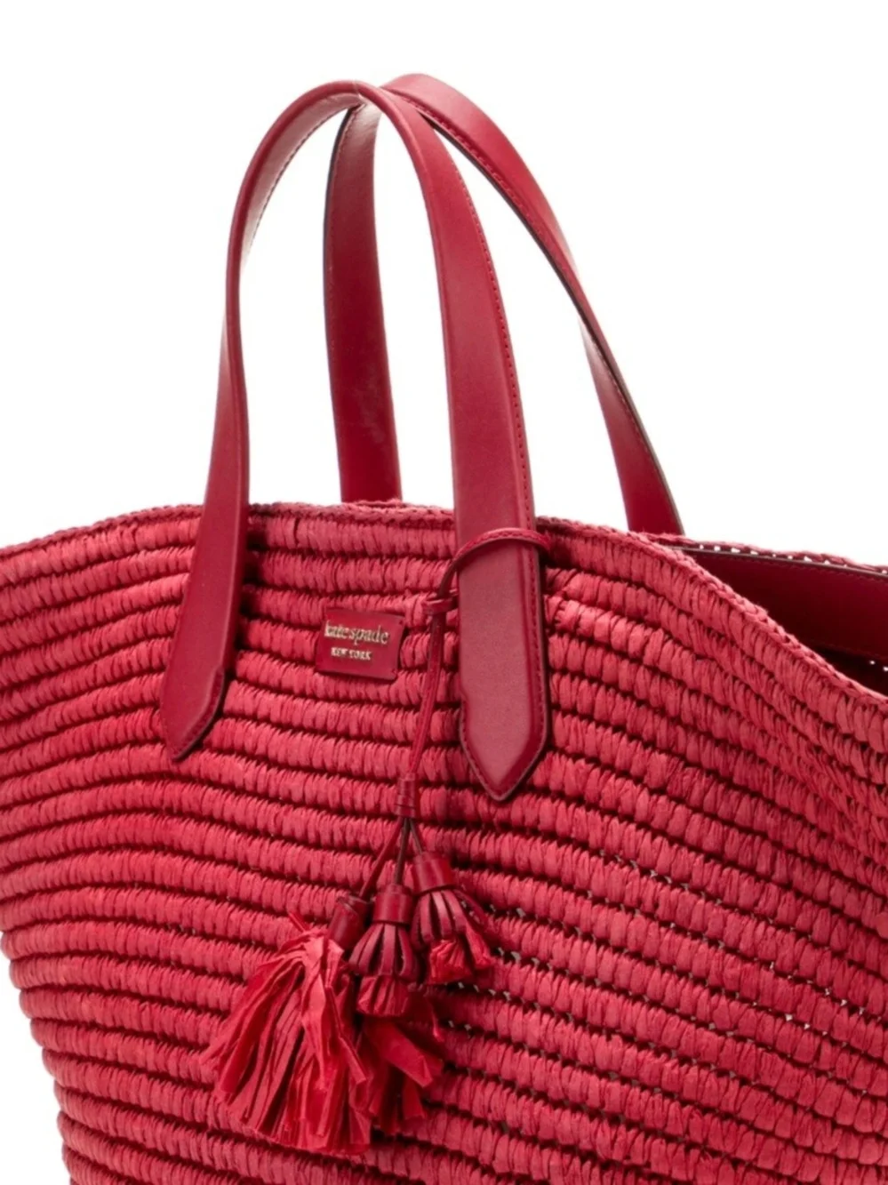 kate spade red woven raffia tote with tassel - Picture 3 of 5